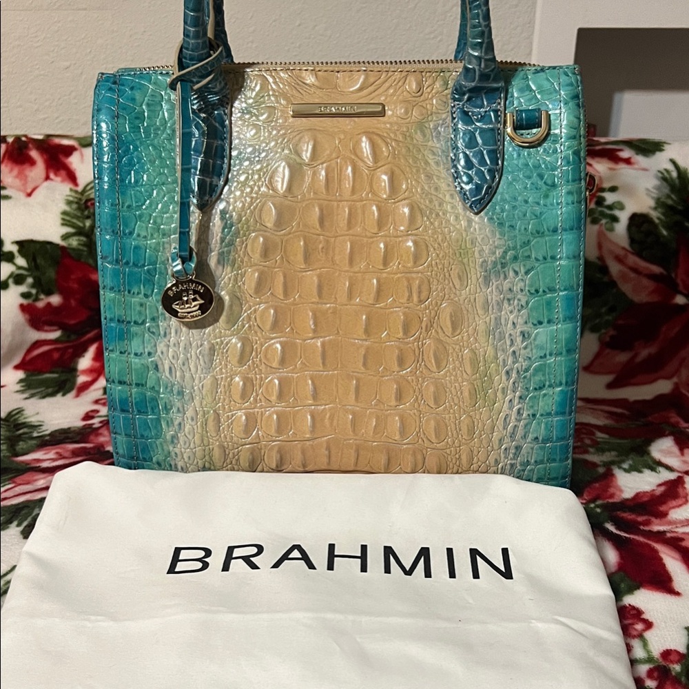 Brahmin Turquoise and Beige Crocodile Embossed Tote